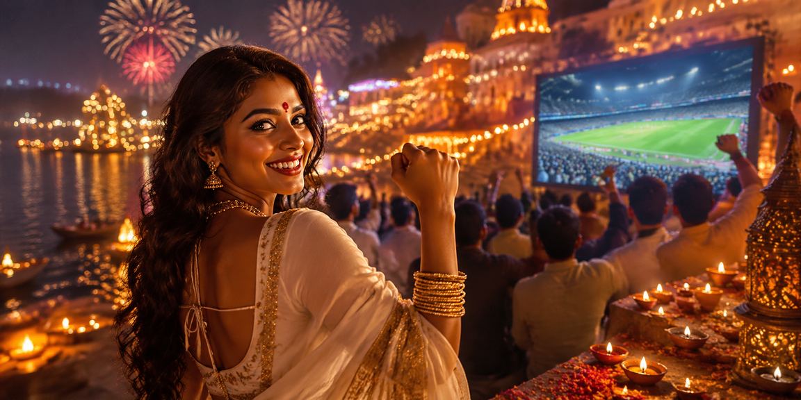Indian woman enjoying casino-themed entertainment brightly dressed in saree setting
