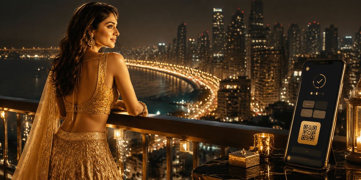 Slots player using mobile payments in Bandra, Mumbai wearing traditional lehenga